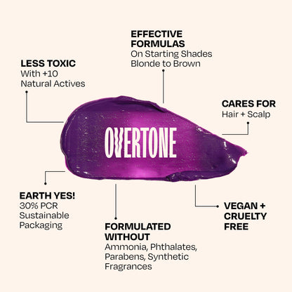 Overtone temporary coloring conditioner bottle highlighting the clean beauty formula labels.