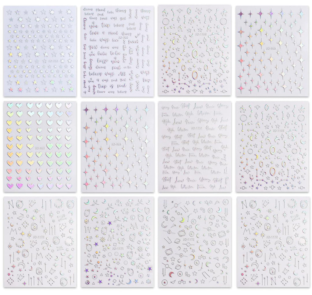 Close up of jmeowio holographic star and heart nail decals on a sheet