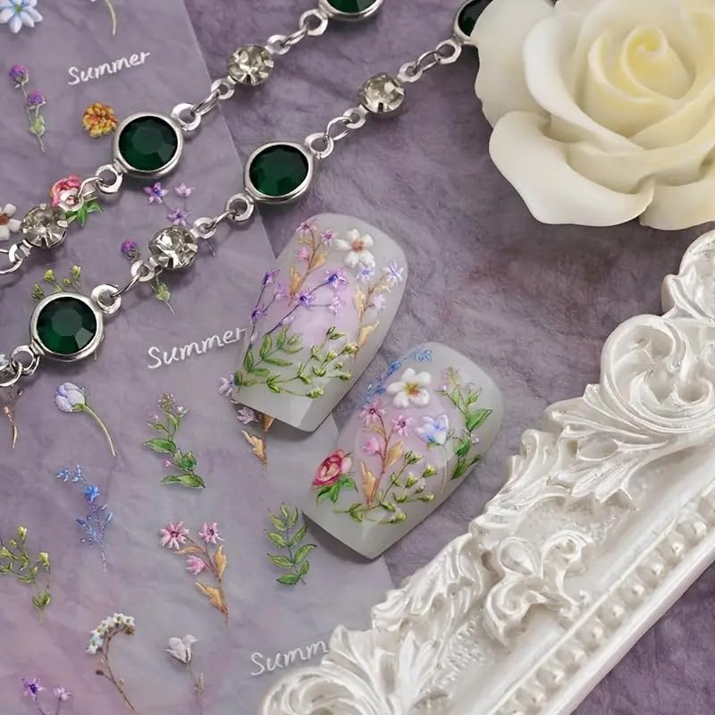 Detailed floral and leaf nail art decal sheet
