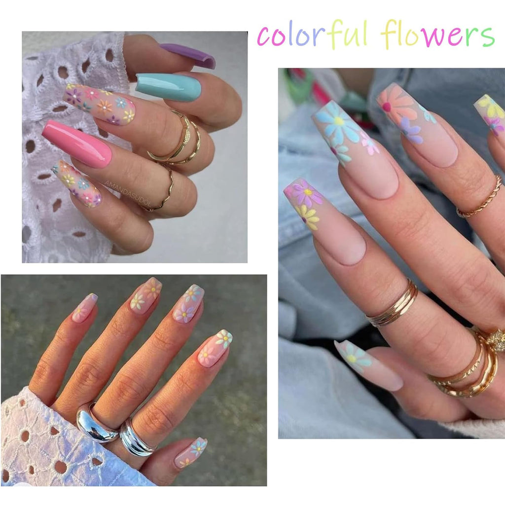 Close up of colorful spring daisy nail decals on sheet