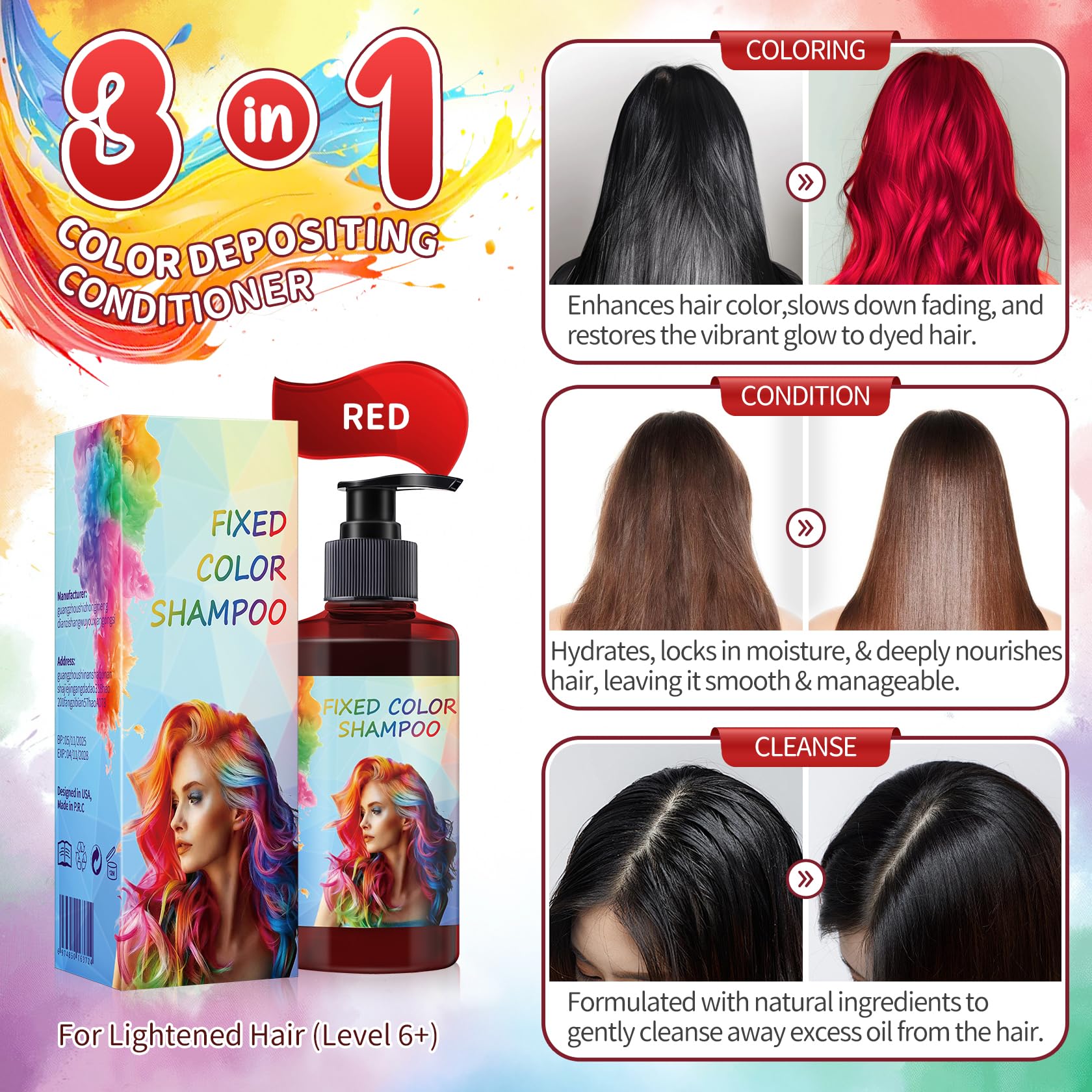 AOAZXBB 3-in-1 semi-permanent hair dye shampoo and conditioner packaging showing hair gloss benefits.