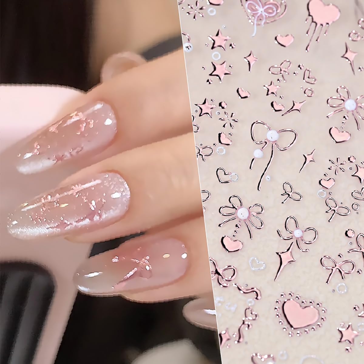 Close up of rose gold bow and heart nail decals