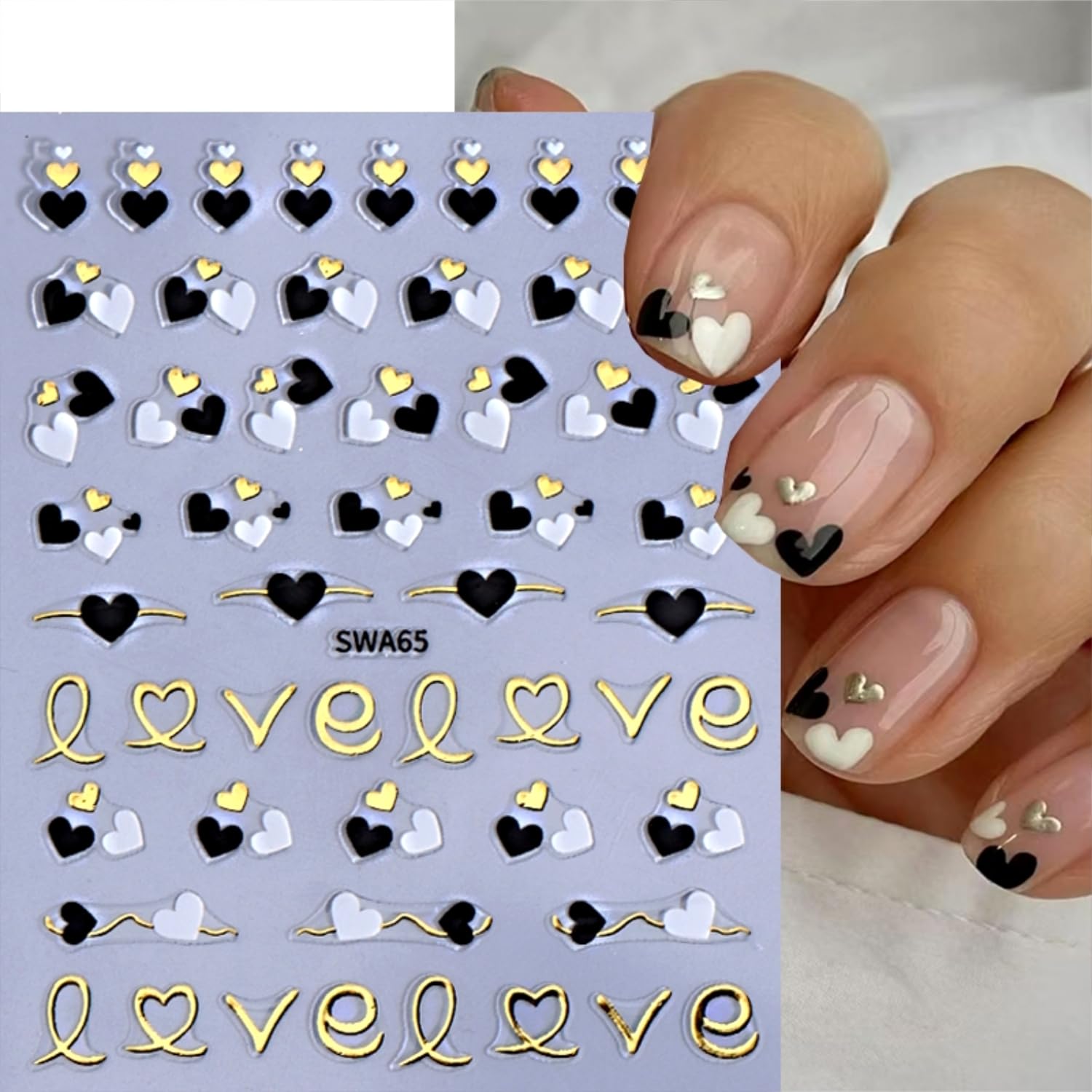 Model showing DIY heart nail art using Bloazife stickers