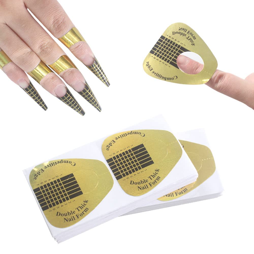 Silver VNC nail forms placed on a finger for acrylic extension.