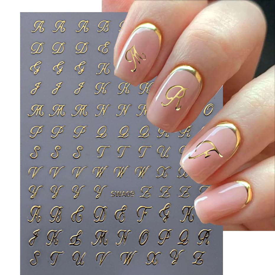 Close up of gold and silver retro alphabet nail decals