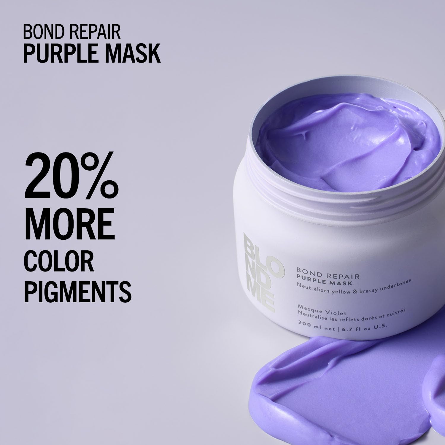 Salon-grade anti-brassiness purple mask featuring almond oil and cornflower extract ingredients