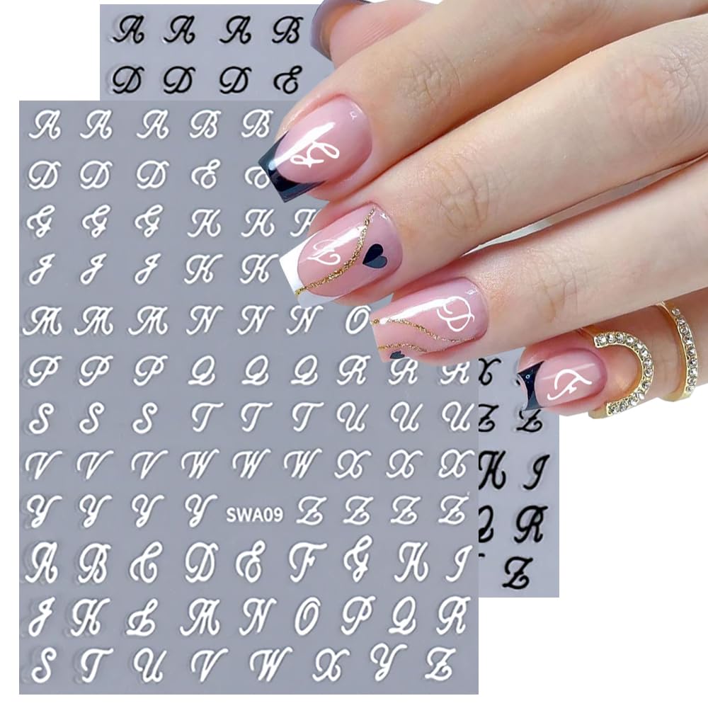 3D self-adhesive cursive alphabet nail decals on white background