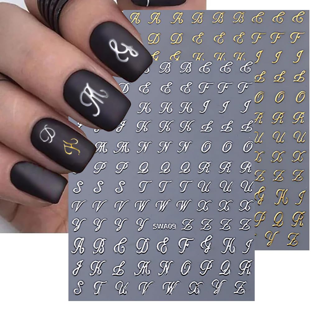 Manicure showcasing vintage style letter nail art design