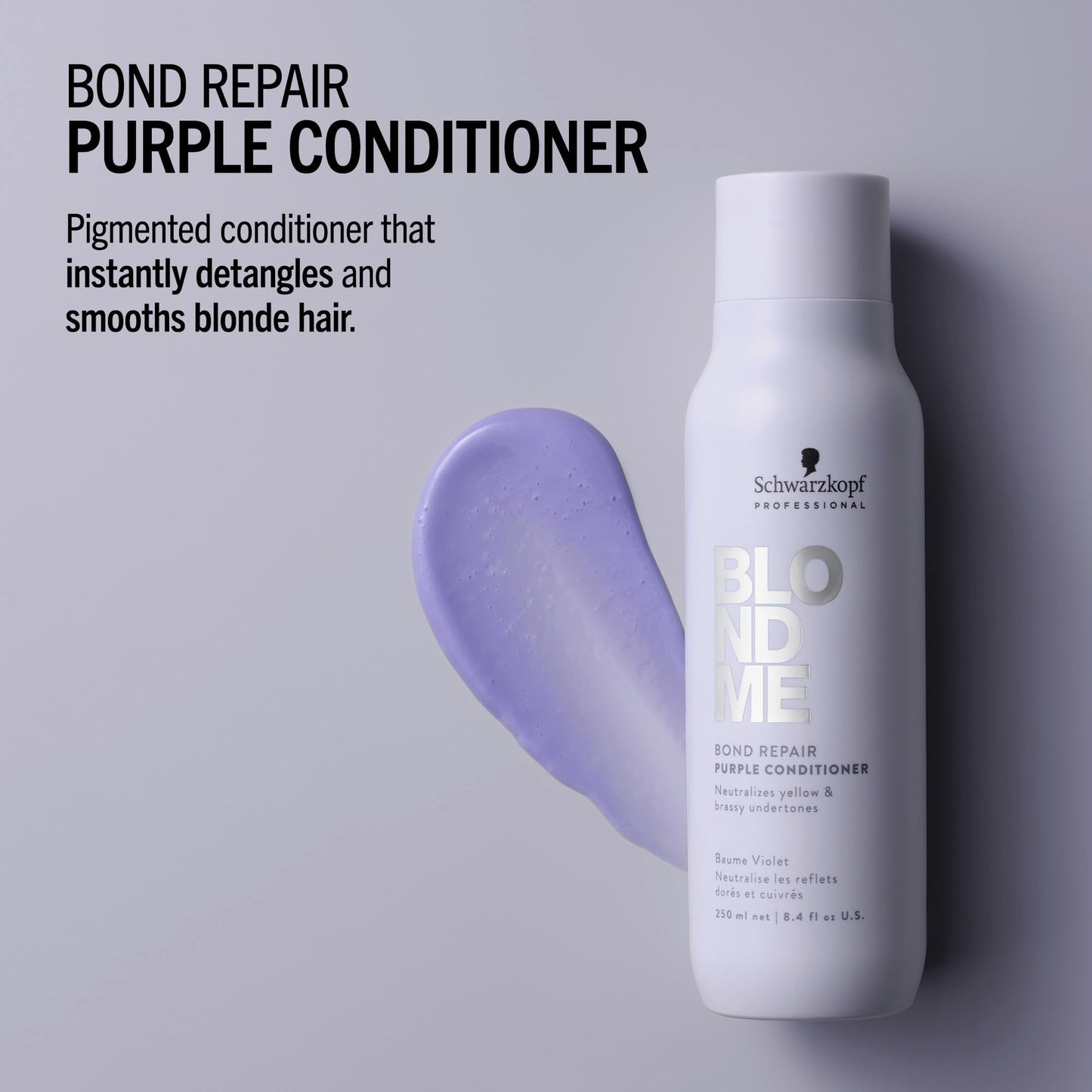 Back label of BlondMe purple conditioner displaying vegan formula and ingredients