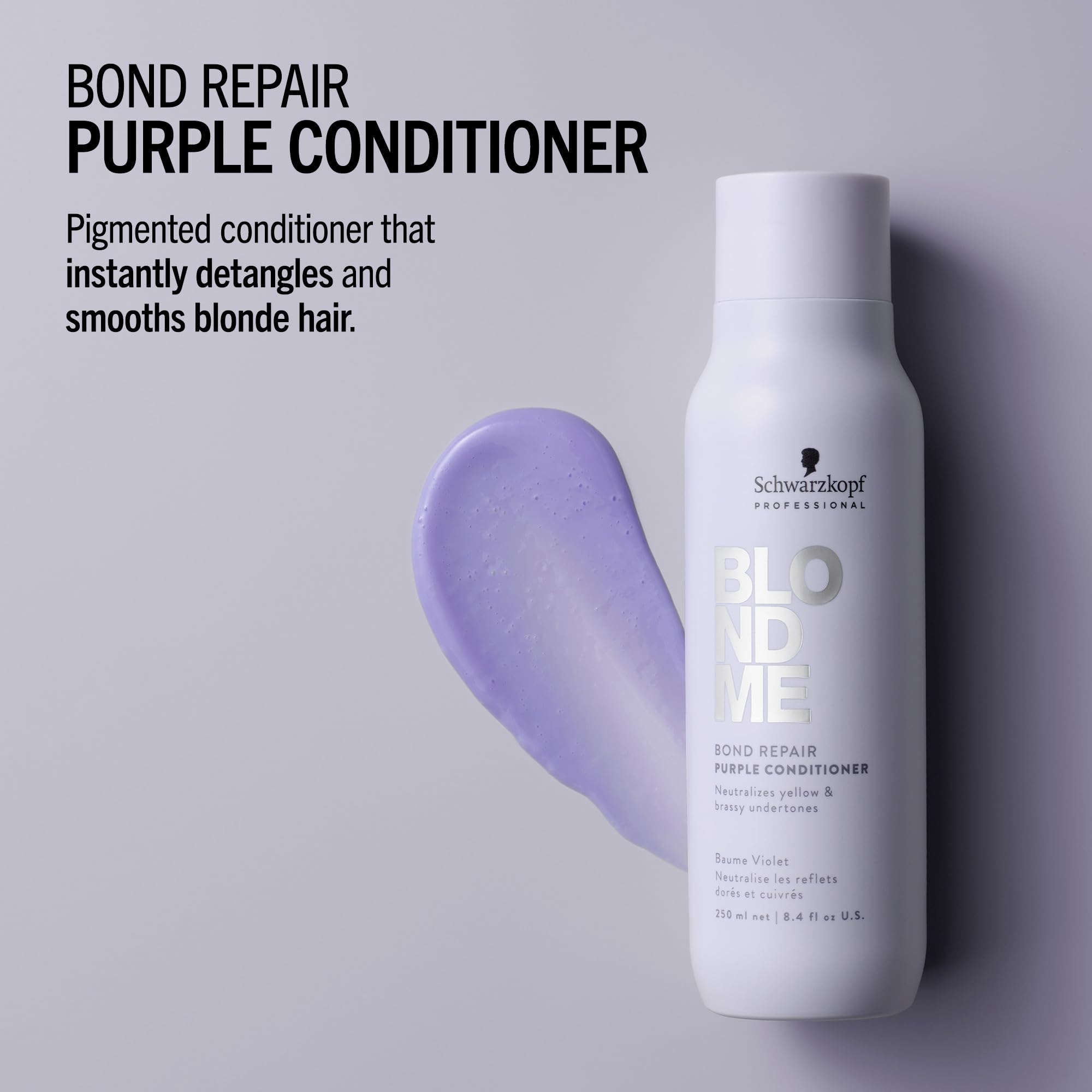 Back label of BlondMe purple conditioner displaying vegan formula and ingredients