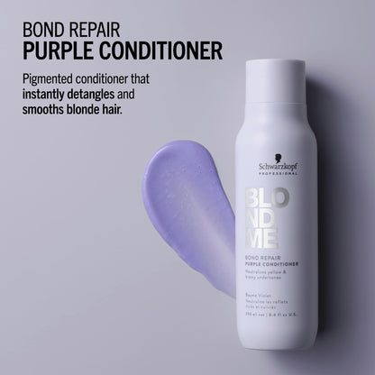 Back label of BlondMe purple conditioner displaying vegan formula and ingredients