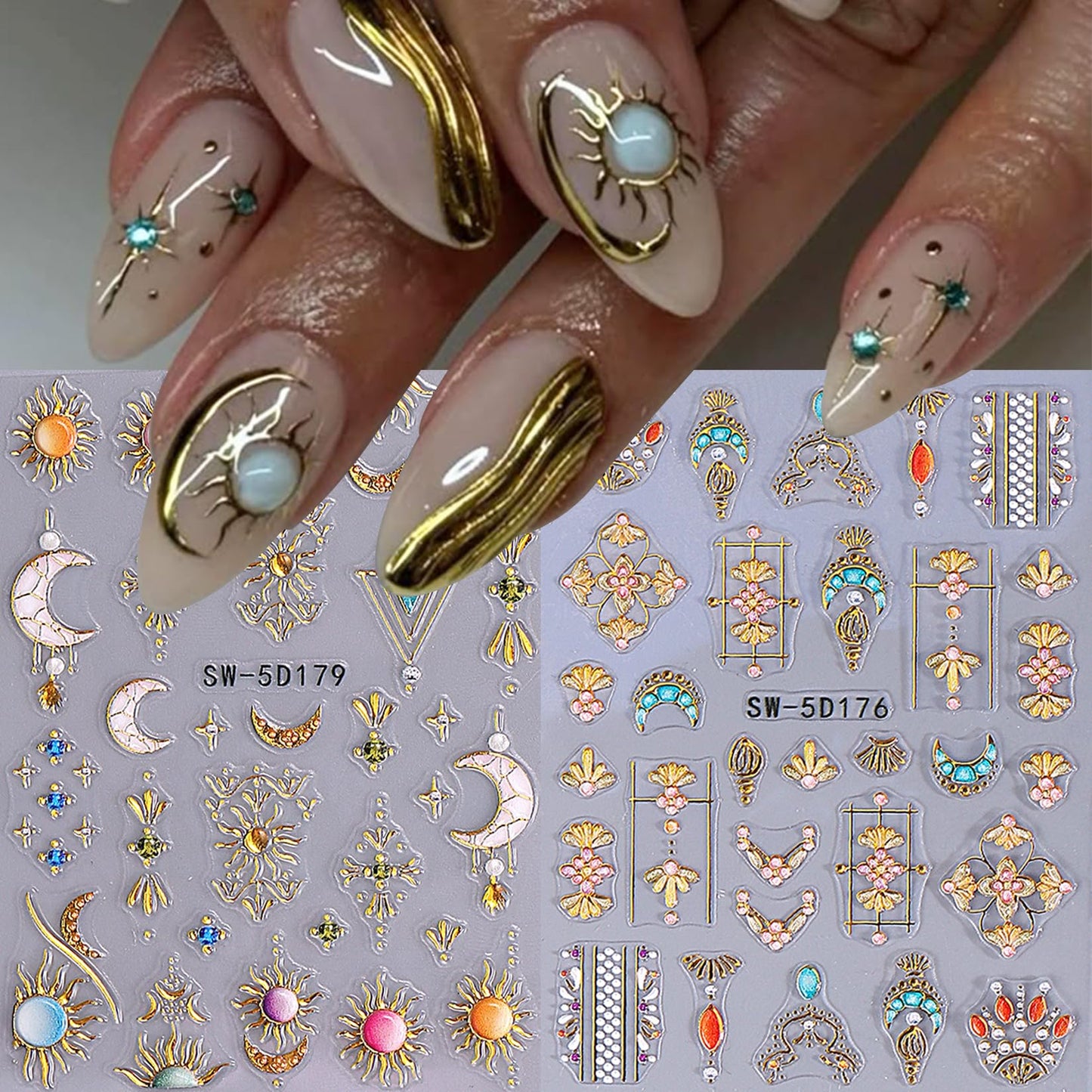 Nine sheets of assorted metallic nail art supplies