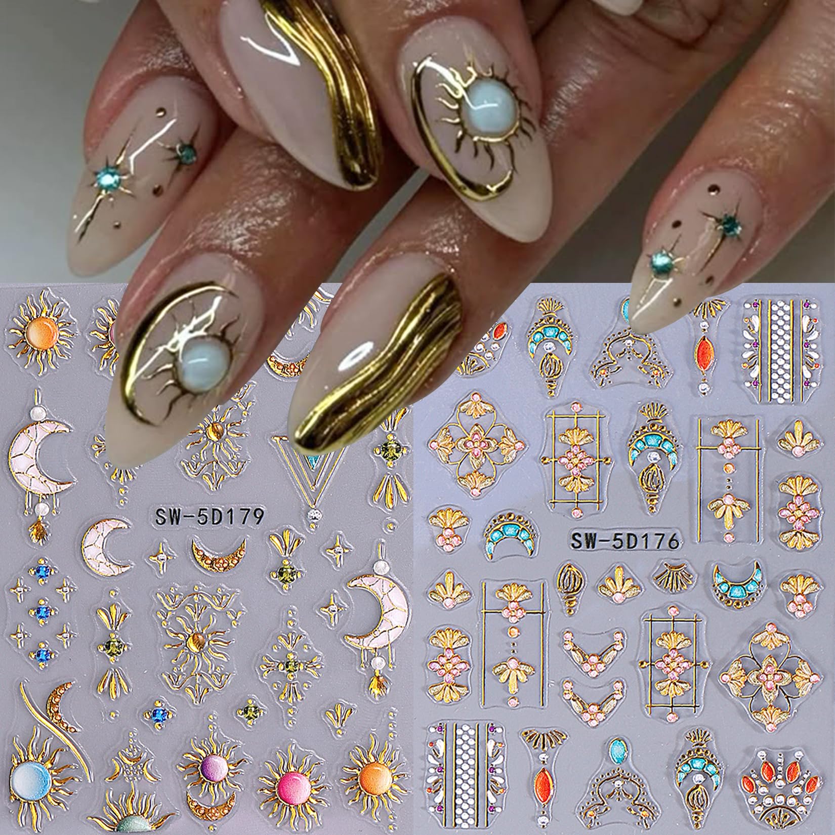 Nine sheets of assorted metallic nail art supplies