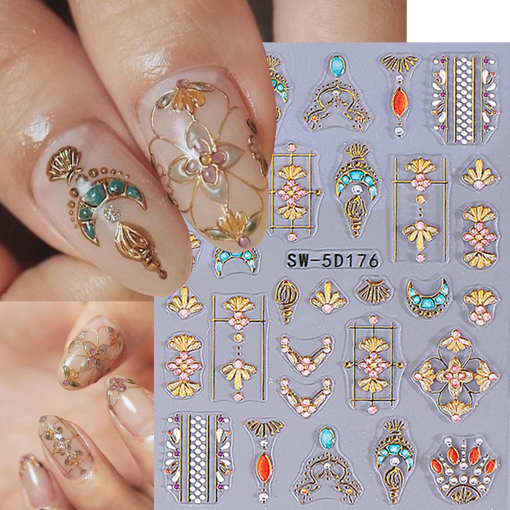 Detailed view of gold and silver flame nail designs