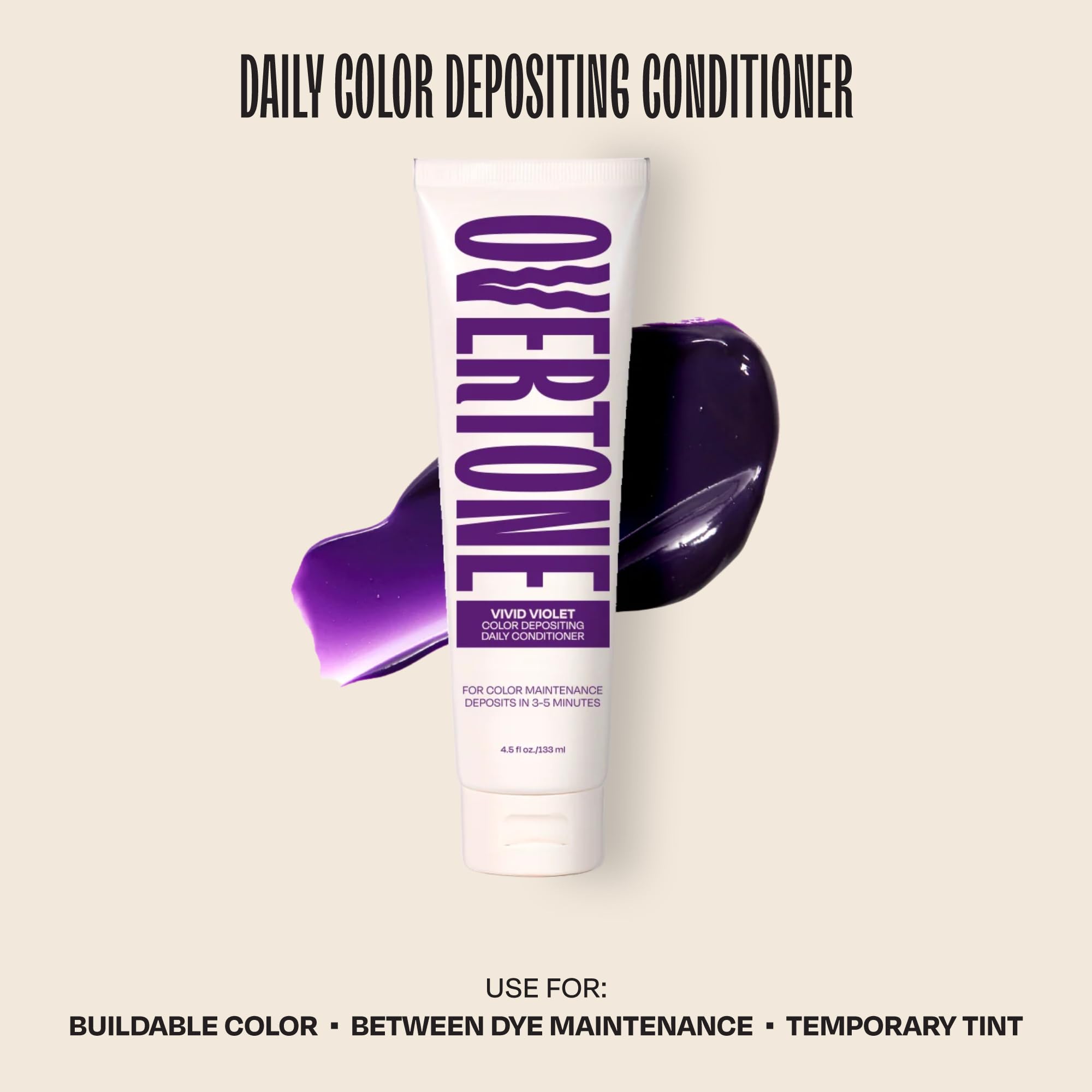 Overtone Vivid Violet hair color conditioner showcasing the back details and usage instructions for the temporary pigment.