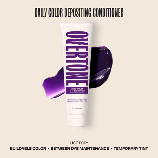 Overtone Vivid Violet hair color conditioner showcasing the back details and usage instructions for the temporary pigment.