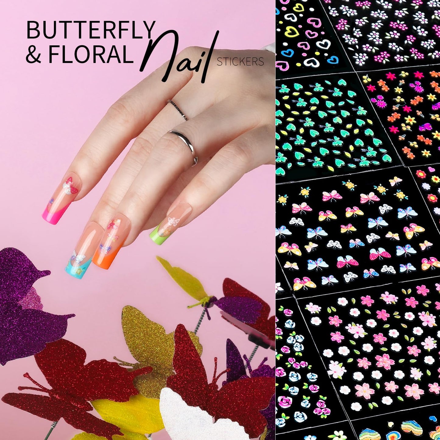 Precision metal tweezers picking up a small 3D flower nail sticker from the sheet