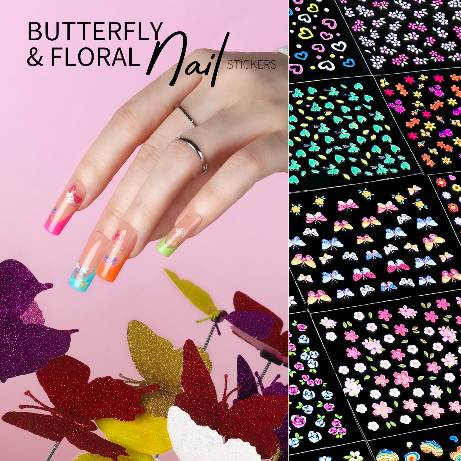 Precision metal tweezers picking up a small 3D flower nail sticker from the sheet