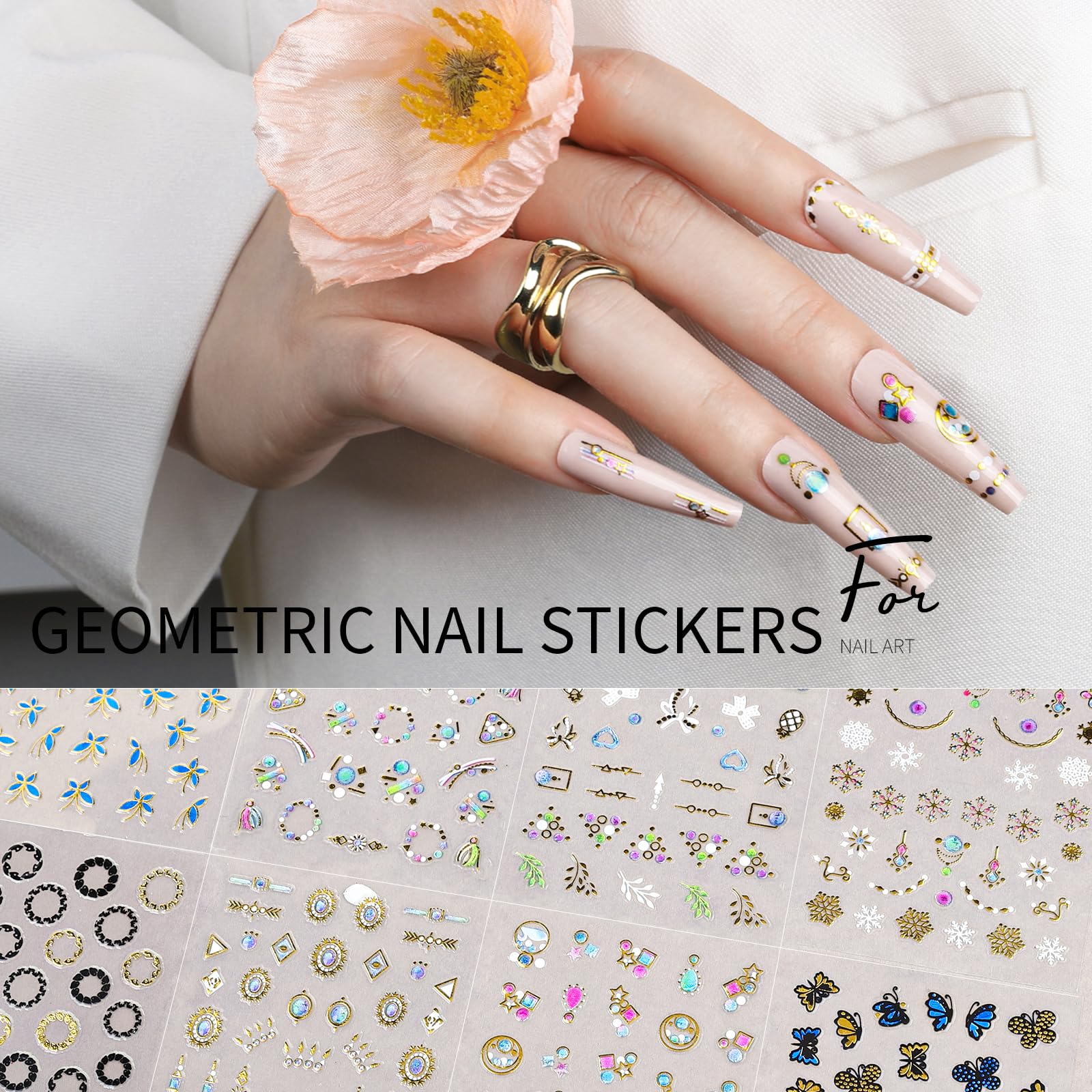 Assorted summer theme nail stickers including butterflies clovers and hearts displayed together