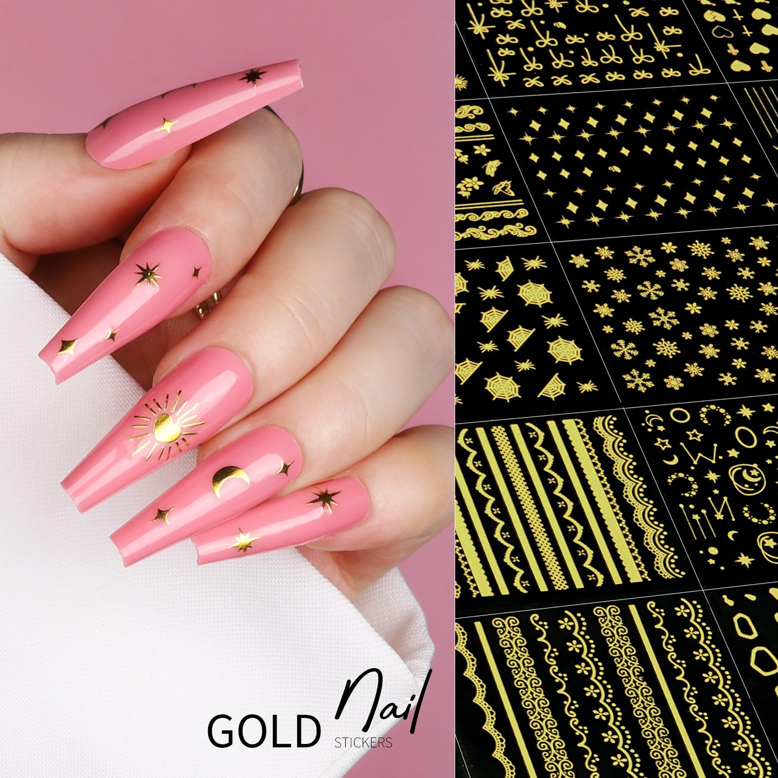 Manicure example showcasing gold moon and star stickers applied over elegant nude nail polish