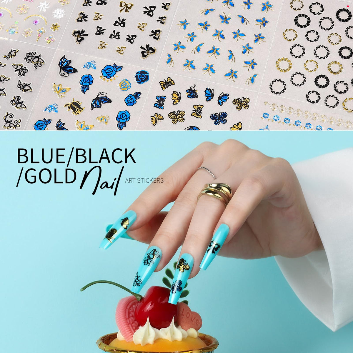 Full collection layout of Teenitor nail stickers and accessories
