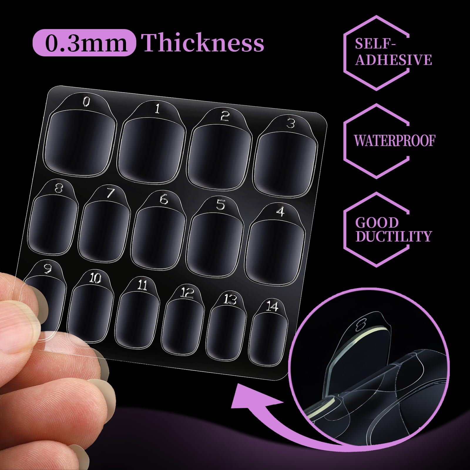 Showing 15 different sizes of press on nail adhesive tabs