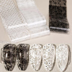Close up of black lace patterns on nail transfer foil rolls