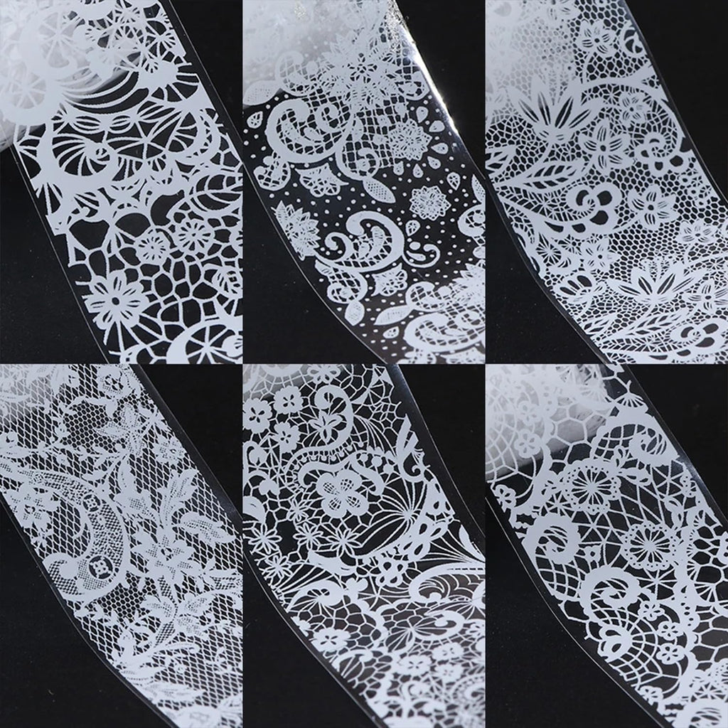 Manicure demonstration showing lace nail foil on acrylic nails