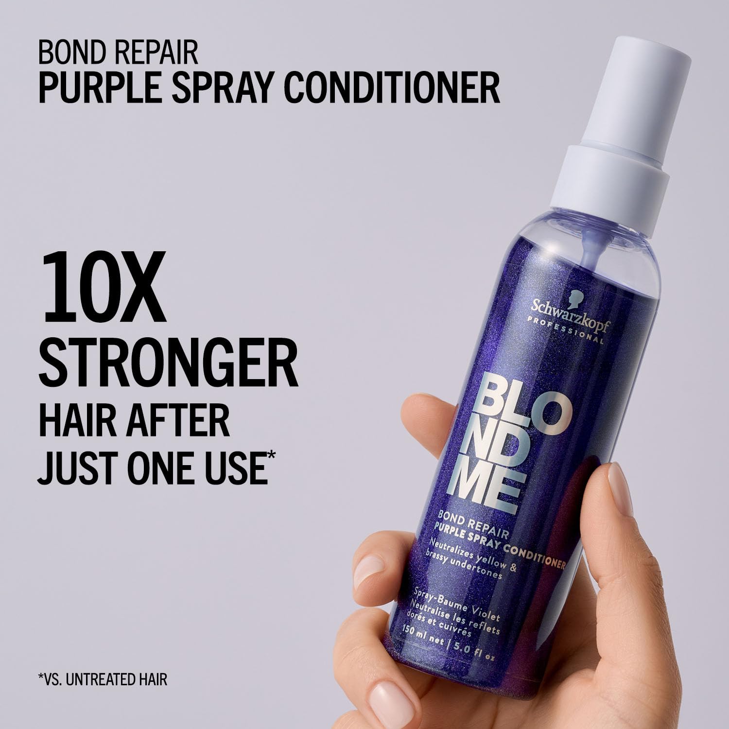 Schwarzkopf BlondMe purple spray conditioner showing nozzle and lightweight liquid formula