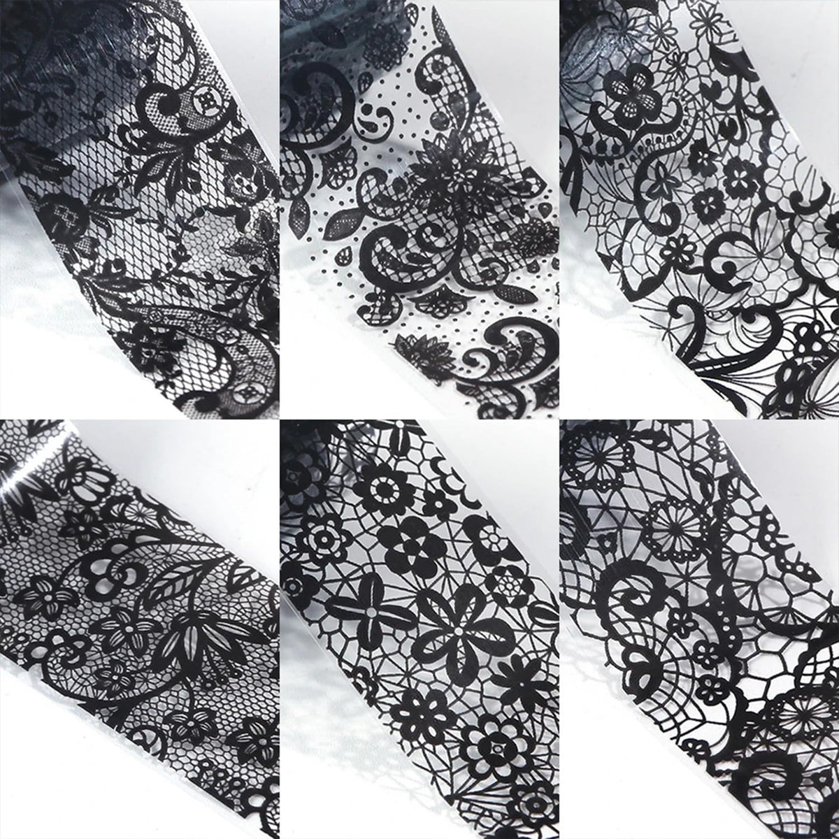 Assorted holographic lace nail foils displayed for DIY manicure