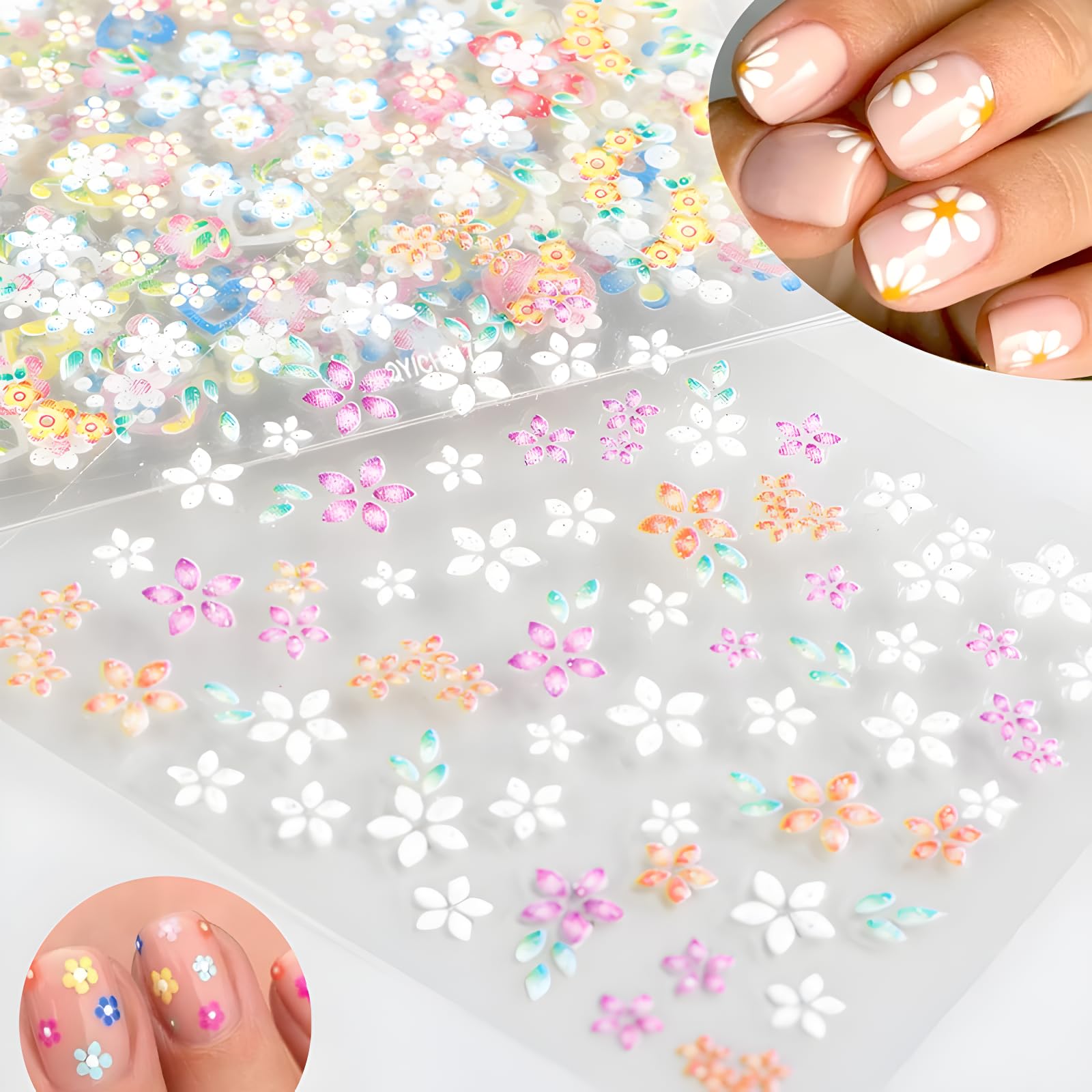 Assorted colorful floral nail sticker designs on display