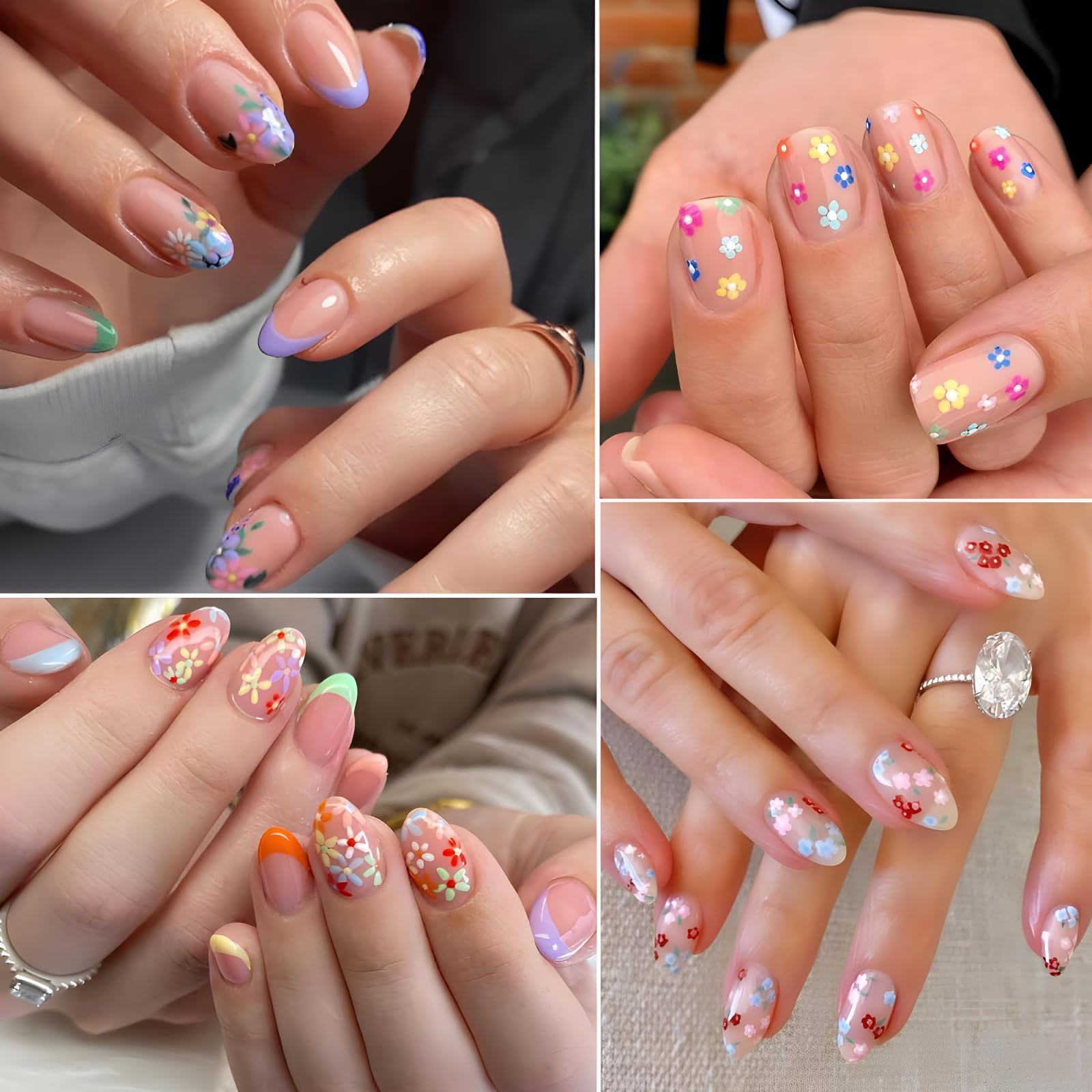 Collection of colorful botanical and heart nail art supplies