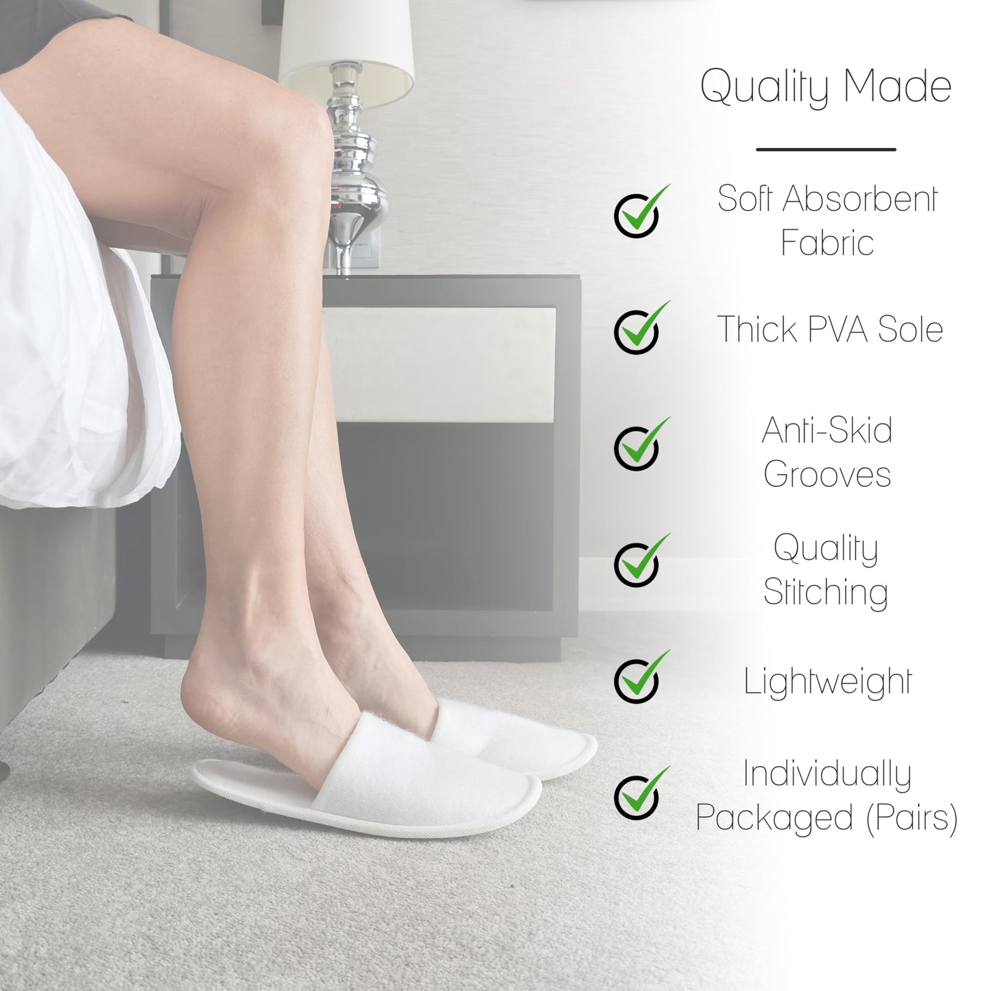 Bulk pack of 12 white disposable guest slippers