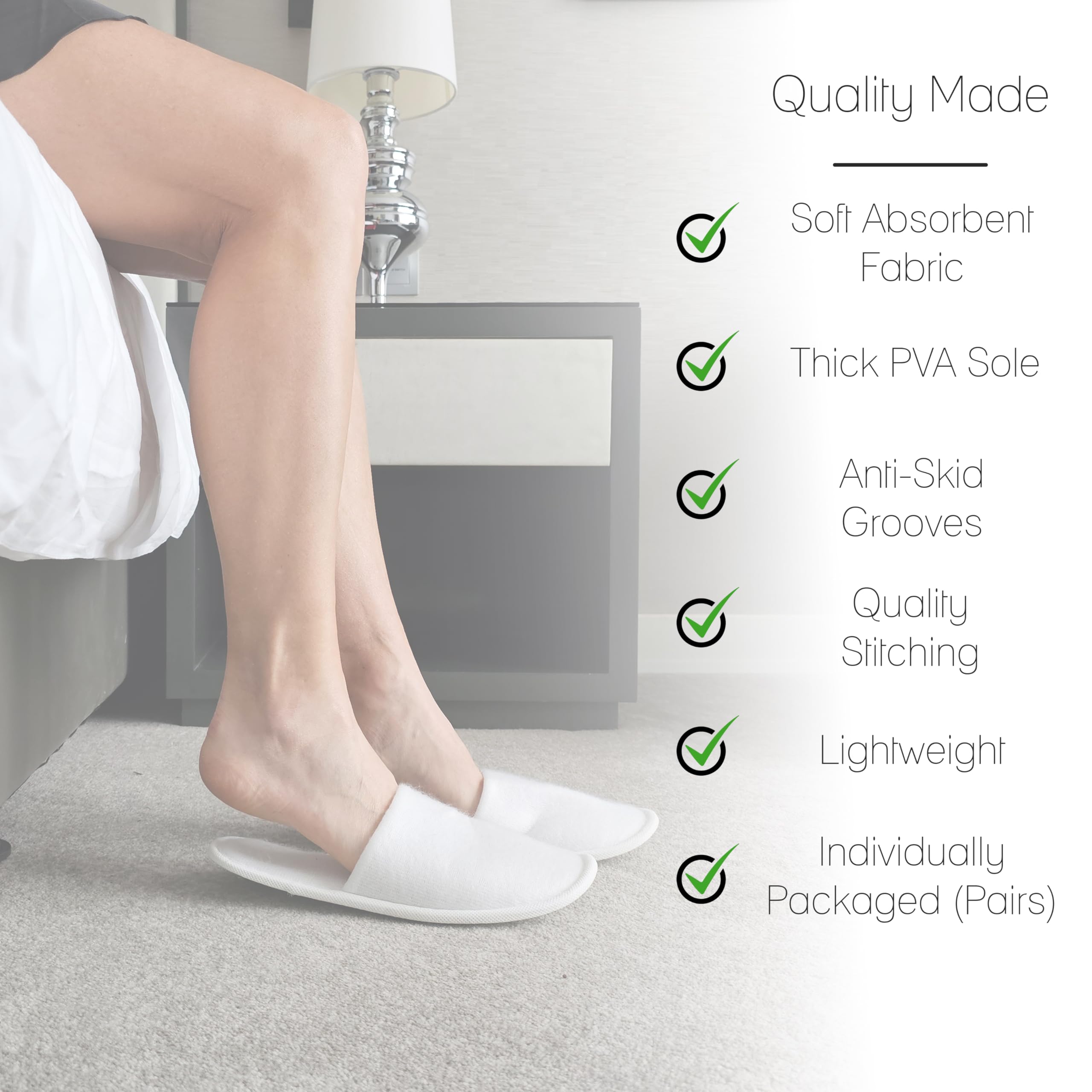 Bulk pack of 12 white disposable guest slippers