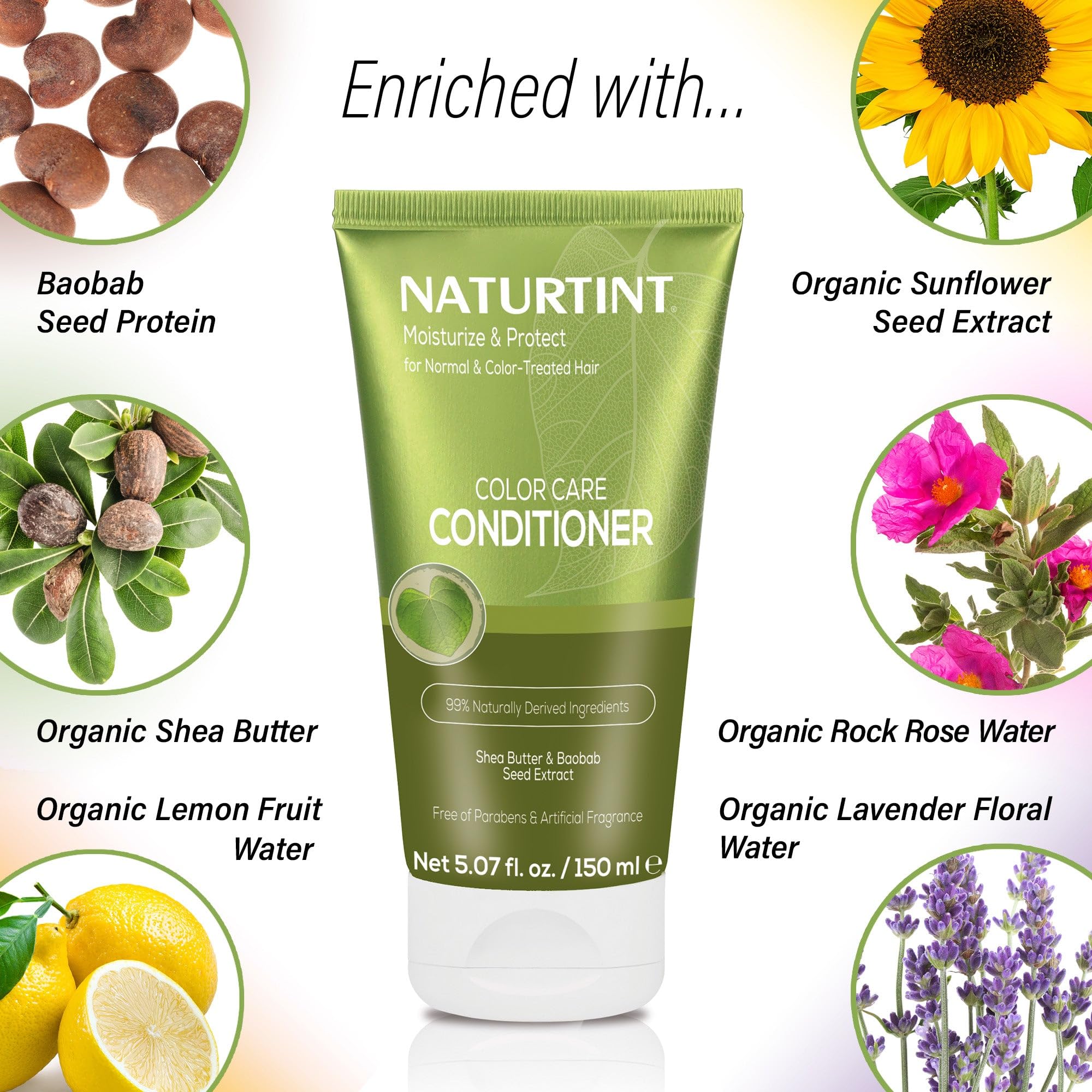 Back label view of Naturtint color treated hair conditioner with full organic ingredient list