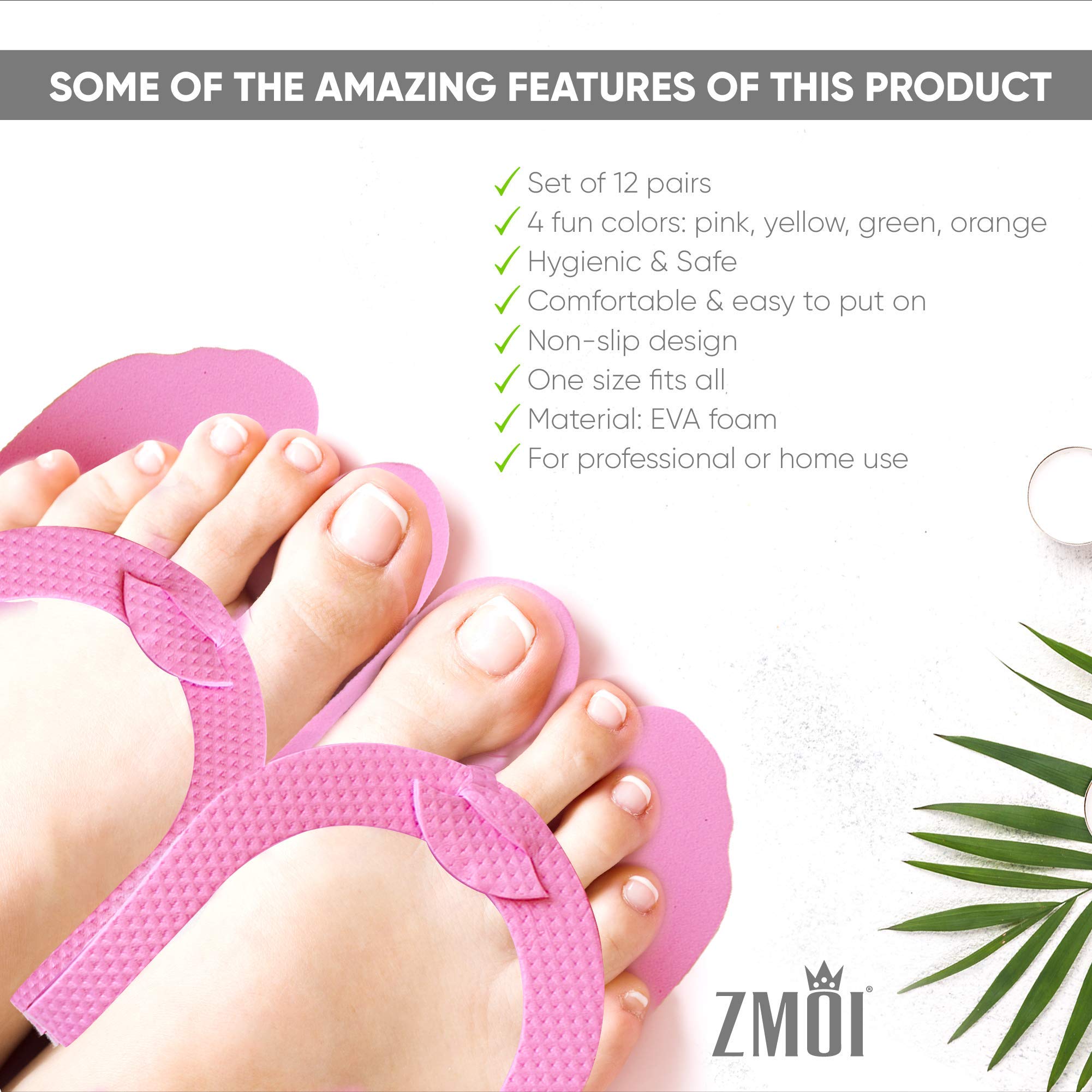 Assembled ZMOI foam flip flops for spa treatments showcasing the vibrant assorted colors.