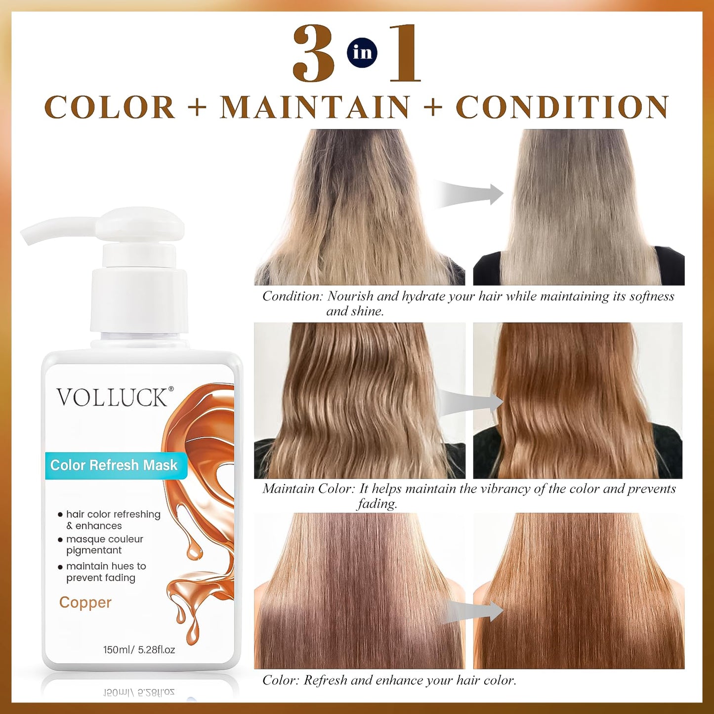 VOLLUCK copper hair mask being applied to vibrant copper colored hair strands.
