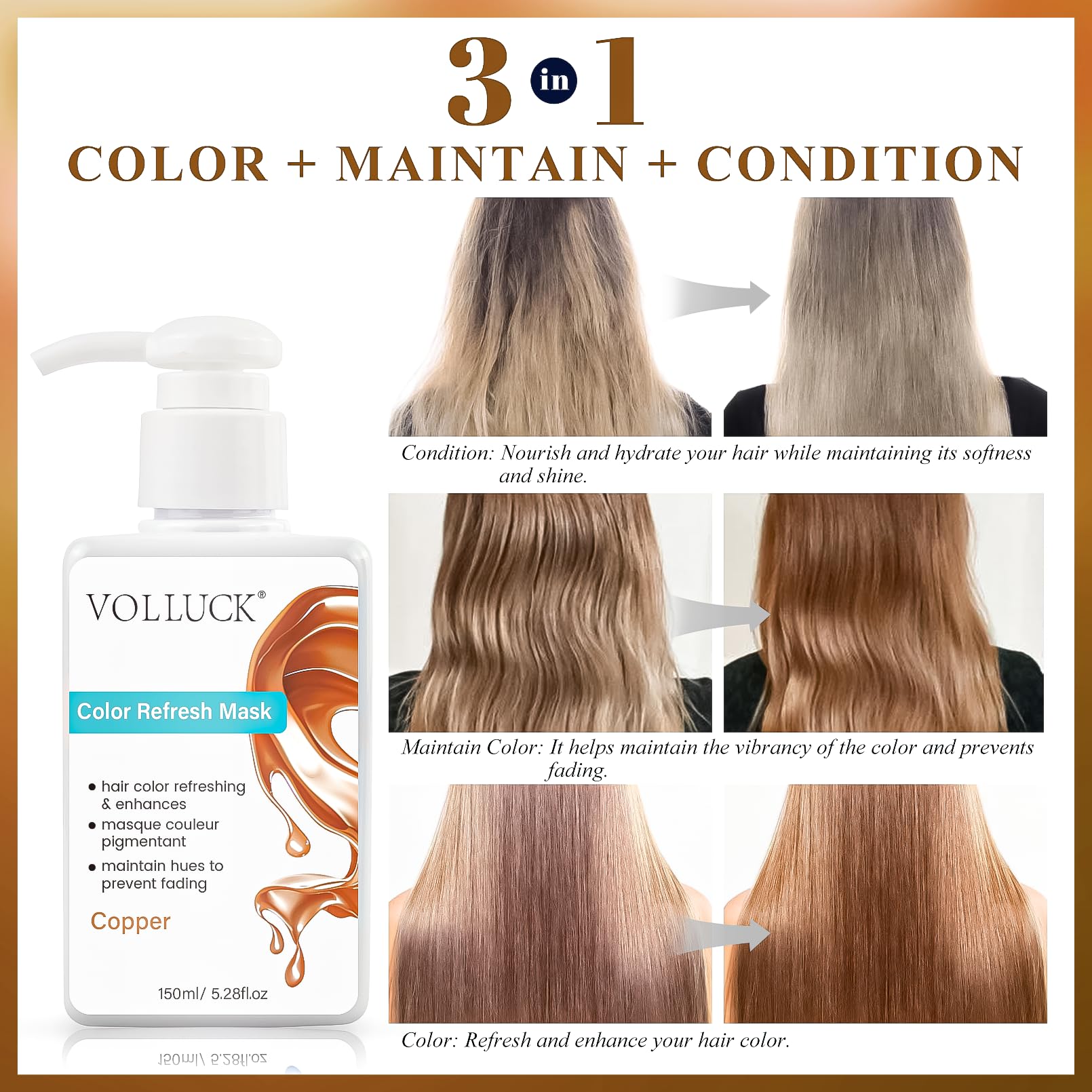 VOLLUCK copper hair mask being applied to vibrant copper colored hair strands.