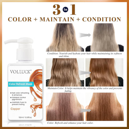 VOLLUCK copper hair mask being applied to vibrant copper colored hair strands.
