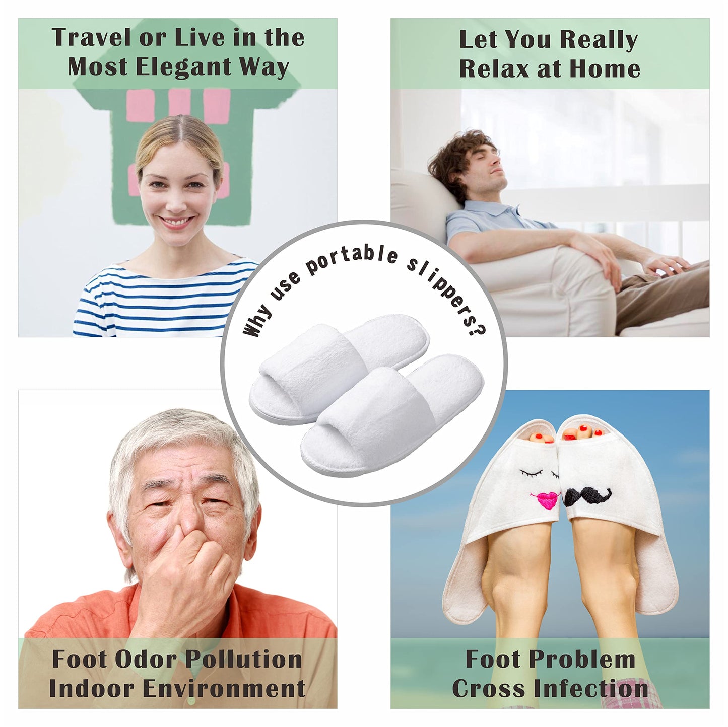 Five pairs of luxurious white open toe slippers for home spa