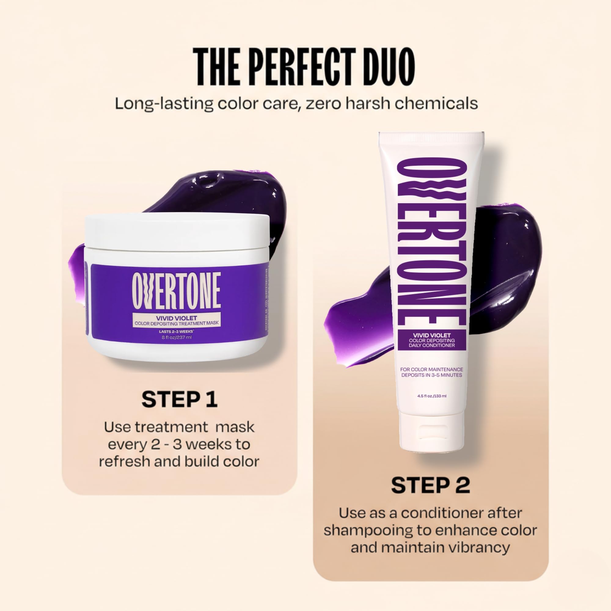 Overtone purple color depositing treatment before and after hair swatch
