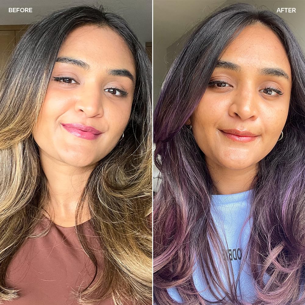 Applying Overtone semi permanent purple hair dye using protective gloves