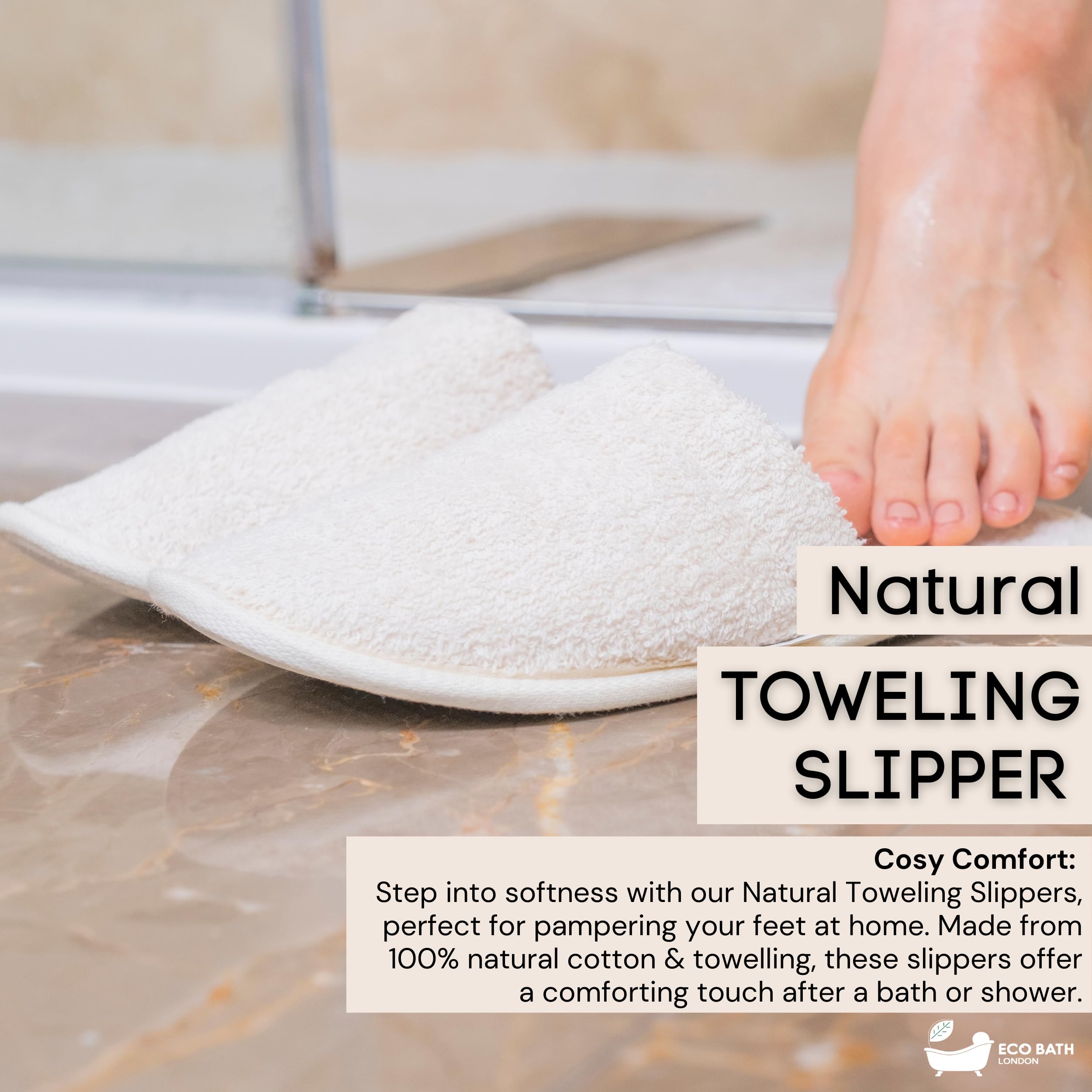 Side angle of Eco Bath London organic cotton house slippers showing the soft terry cloth lining