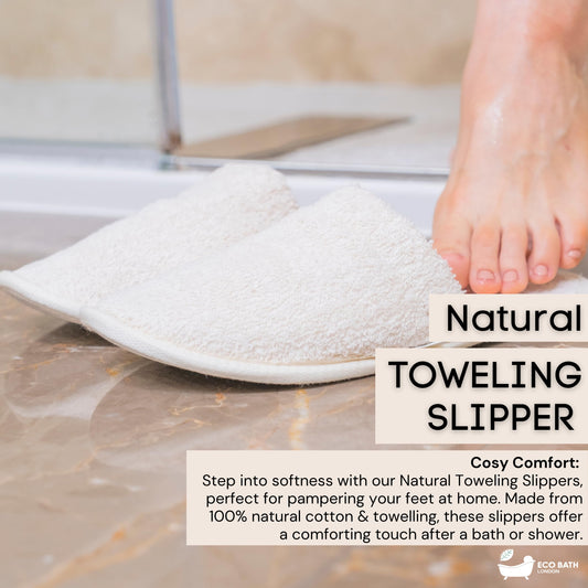 Side angle of Eco Bath London organic cotton house slippers showing the soft terry cloth lining