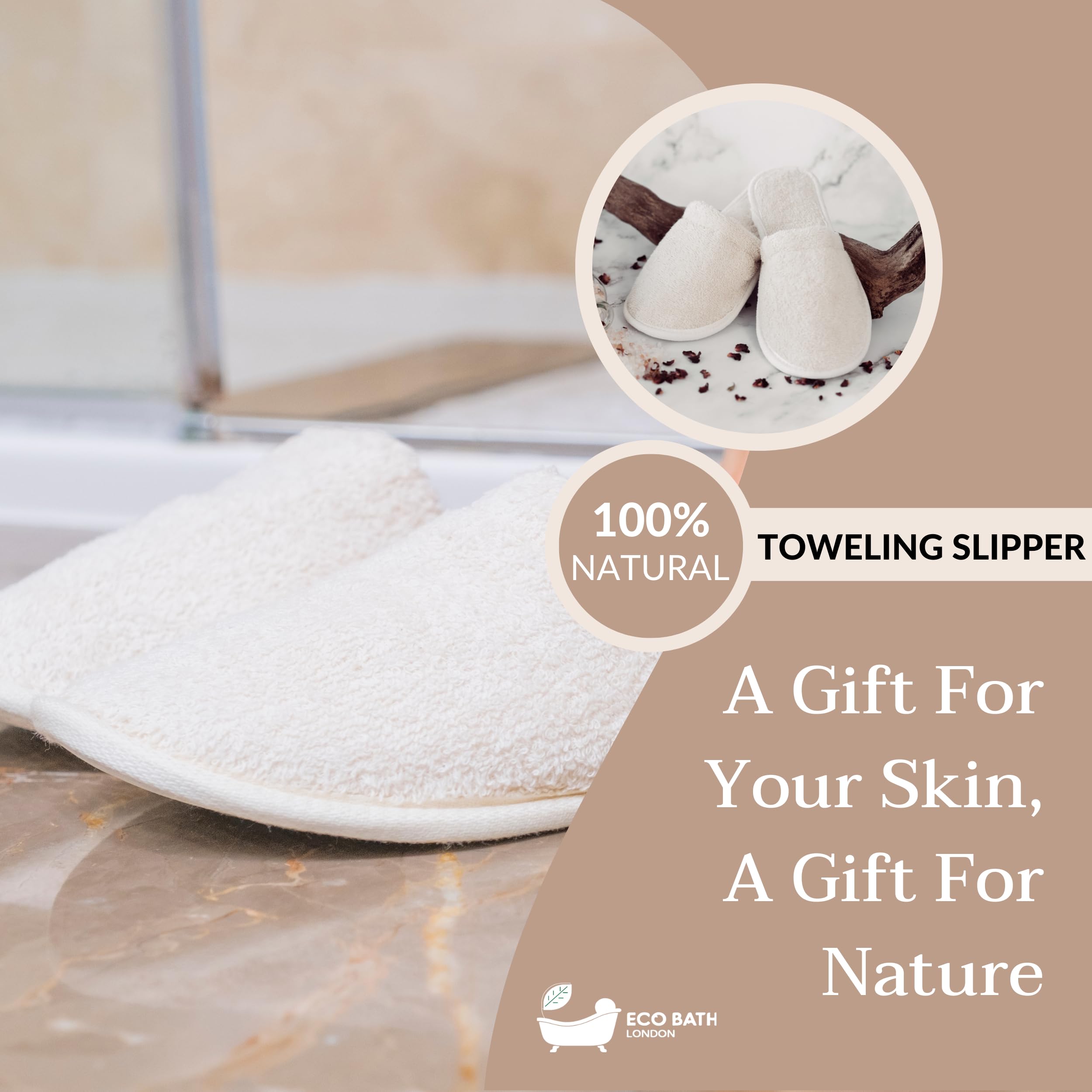 Bottom sole view of Eco Bath London natural toweling slippers highlighting the lightweight non slip grip