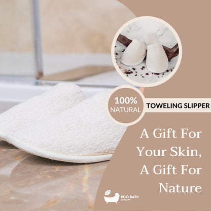 Bottom sole view of Eco Bath London natural toweling slippers highlighting the lightweight non slip grip