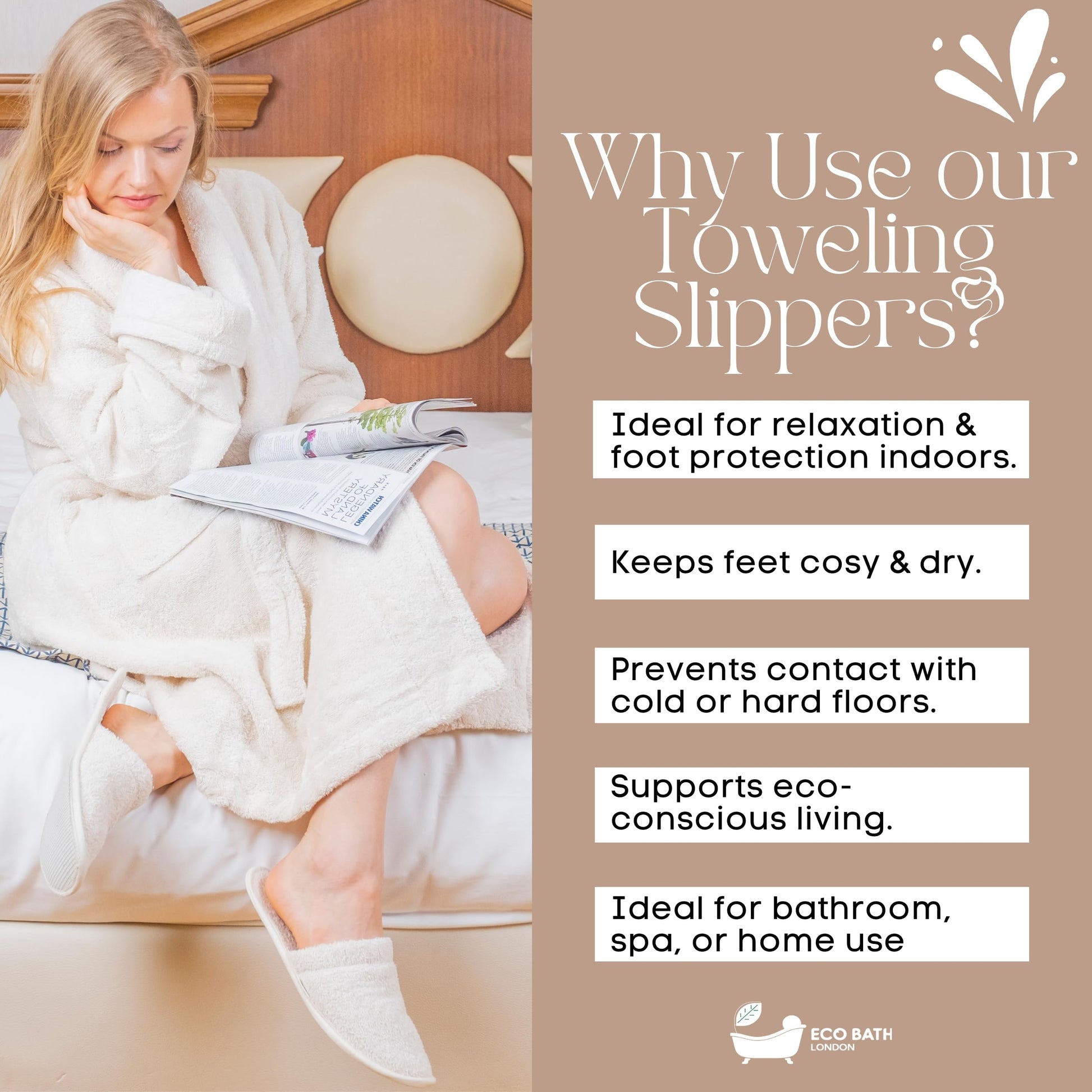 Packaging presentation of the authentic imported Eco Bath London natural toweling spa slippers