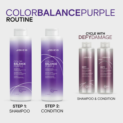 Side angle view of the large 33.8 ounce Joico purple conditioner professional hair care bottle.