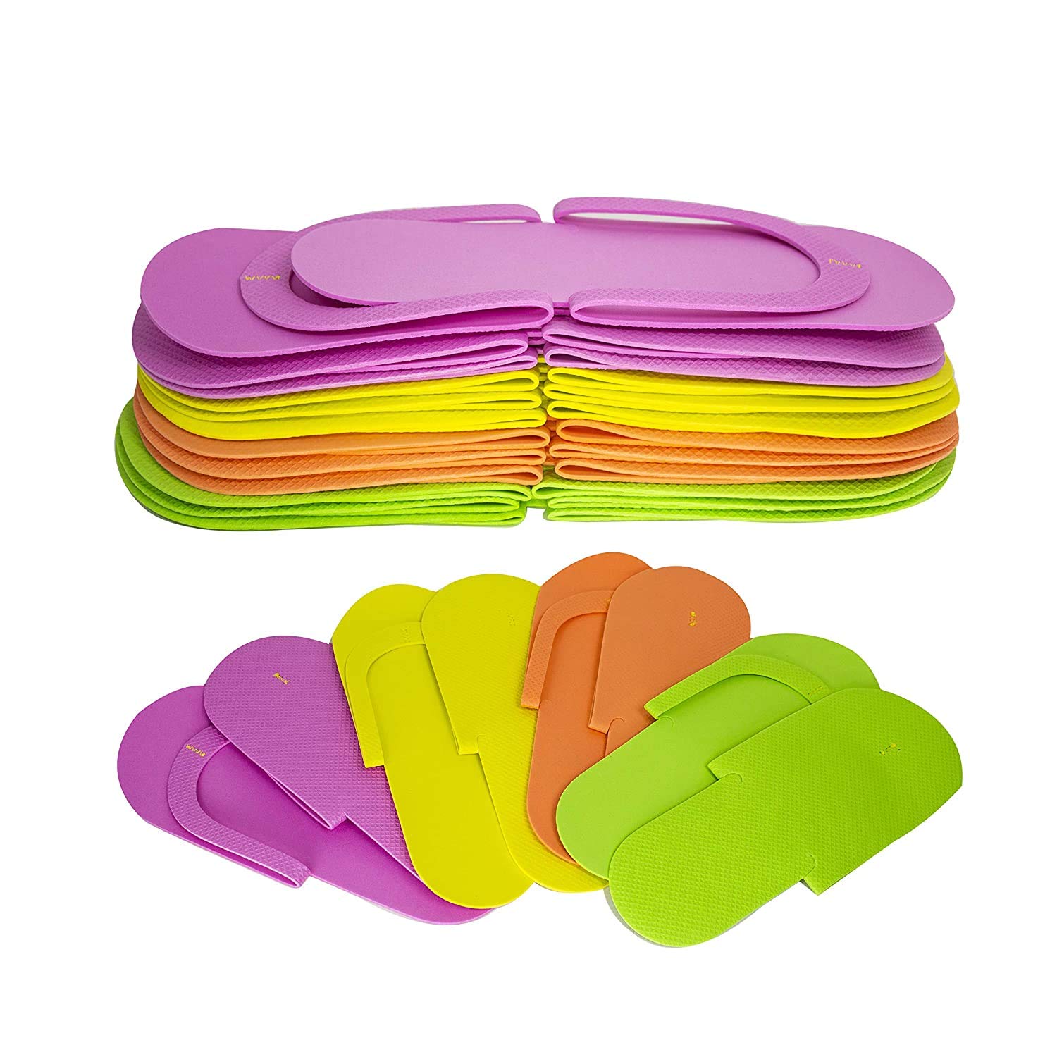 Assorted colors of JOVANA EVA foam flip flops flat and assembled views