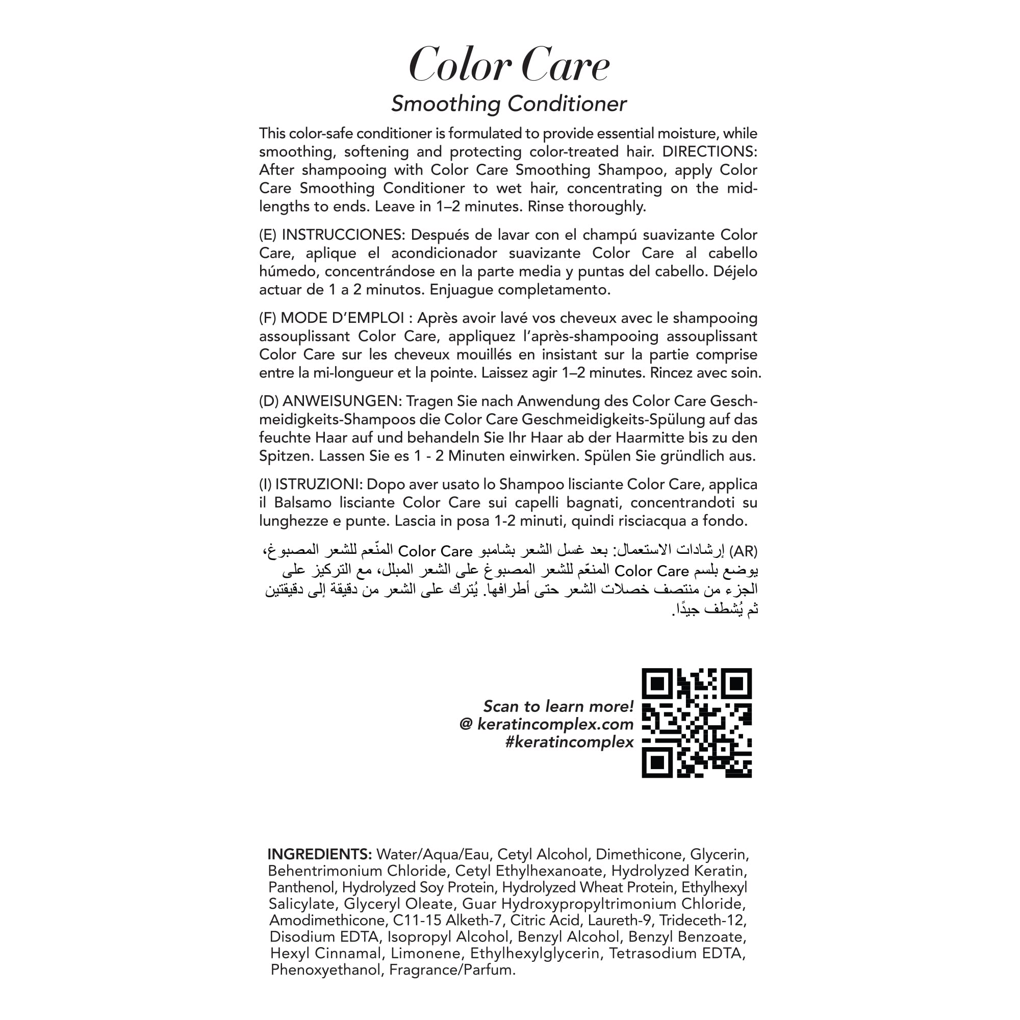 Back view of Keratin Complex Color Care Conditioner displaying product ingredients and usage directions